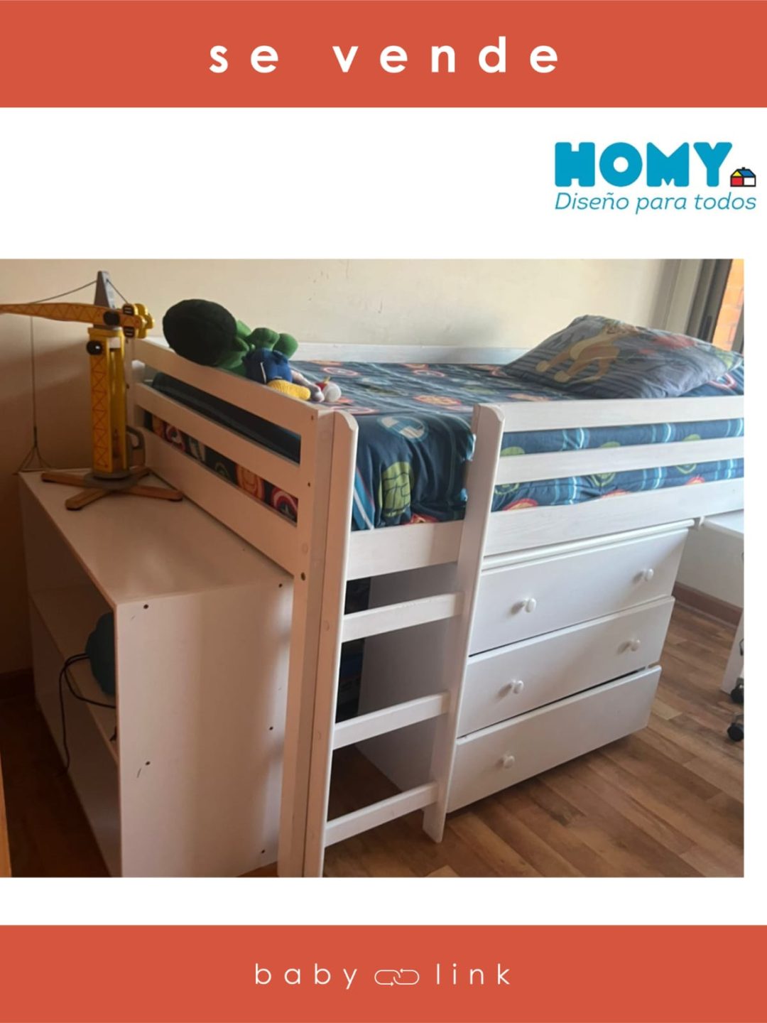 (COD:BB14565) CAMAROTE 1.5 PLAZAS, CON ESCRITORIO, CAJONERA Y LIBRERO HOMY